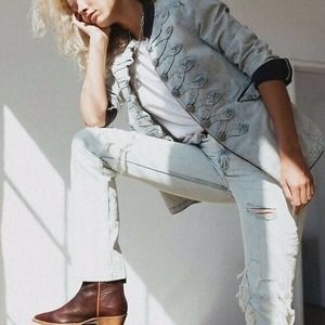 Free People My Own Lane Jeans 26 Sky Ciel High Waist Distressed Non Stretch